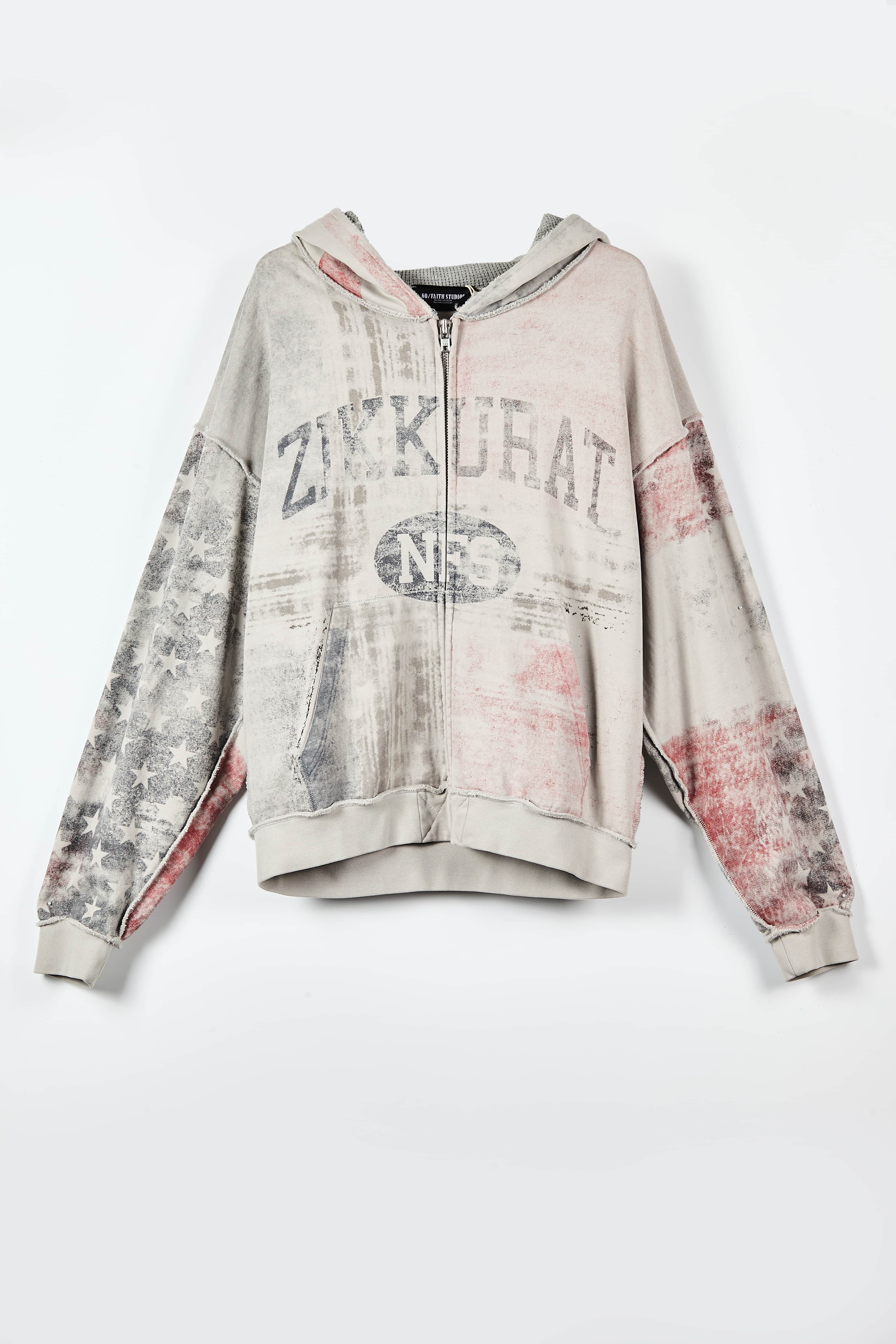 Vintage Washed Print Zip-Up Hoodie with Distressed Details
